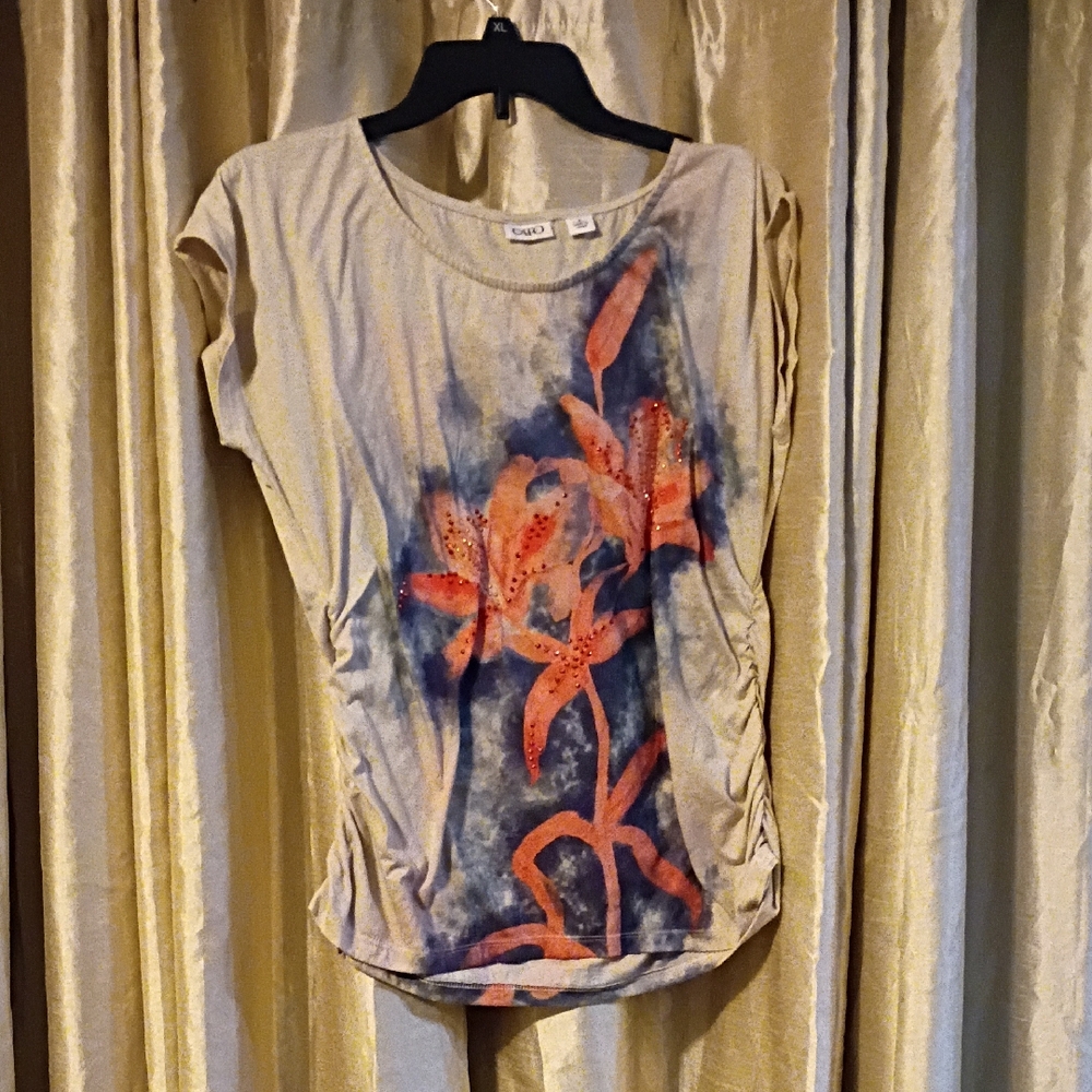Cato Beige Blue Orange Floral Ruched Side Blouse Knit Top Size Medium M